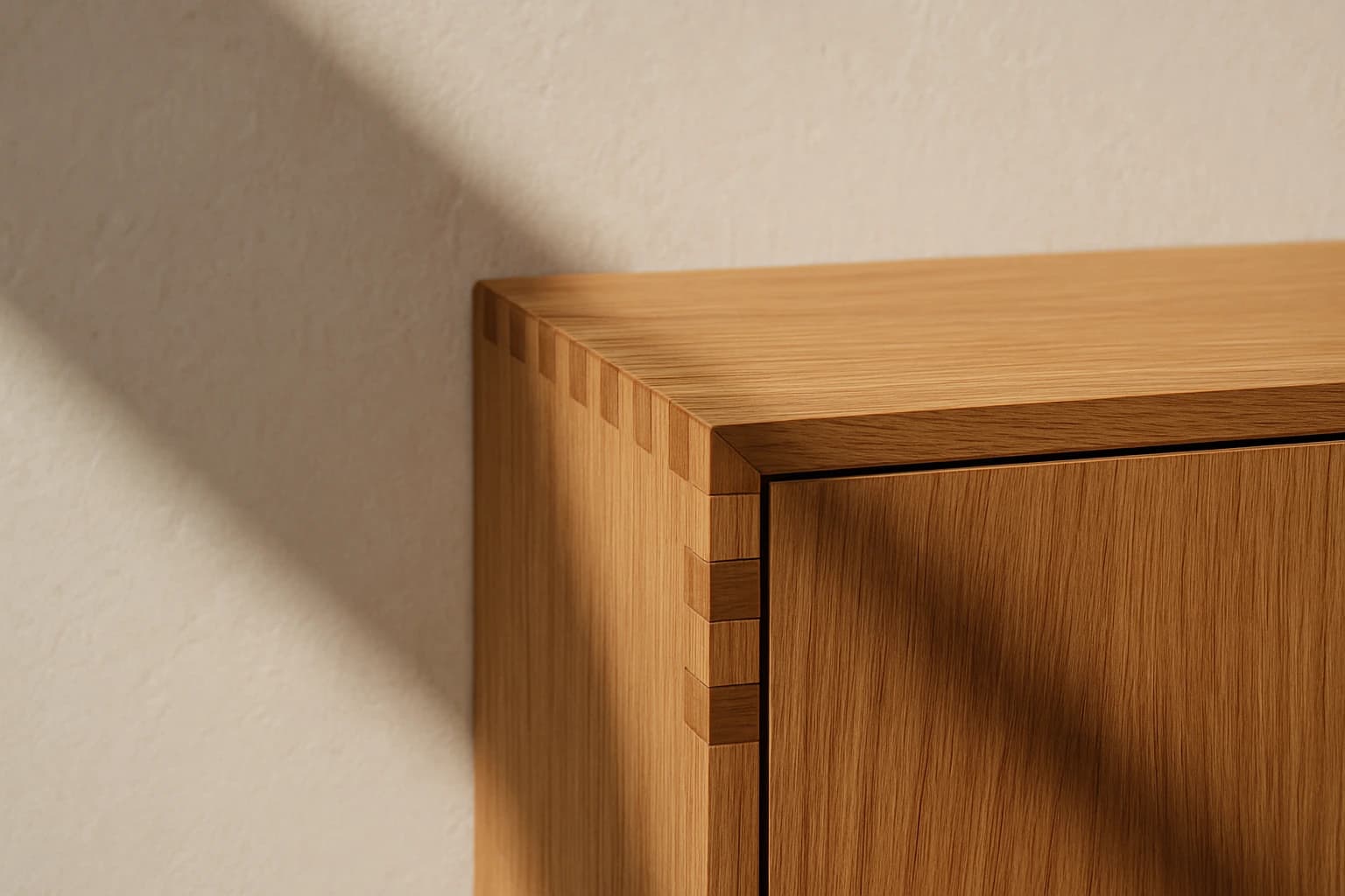 Terracotta floor tiles with a low oak side table