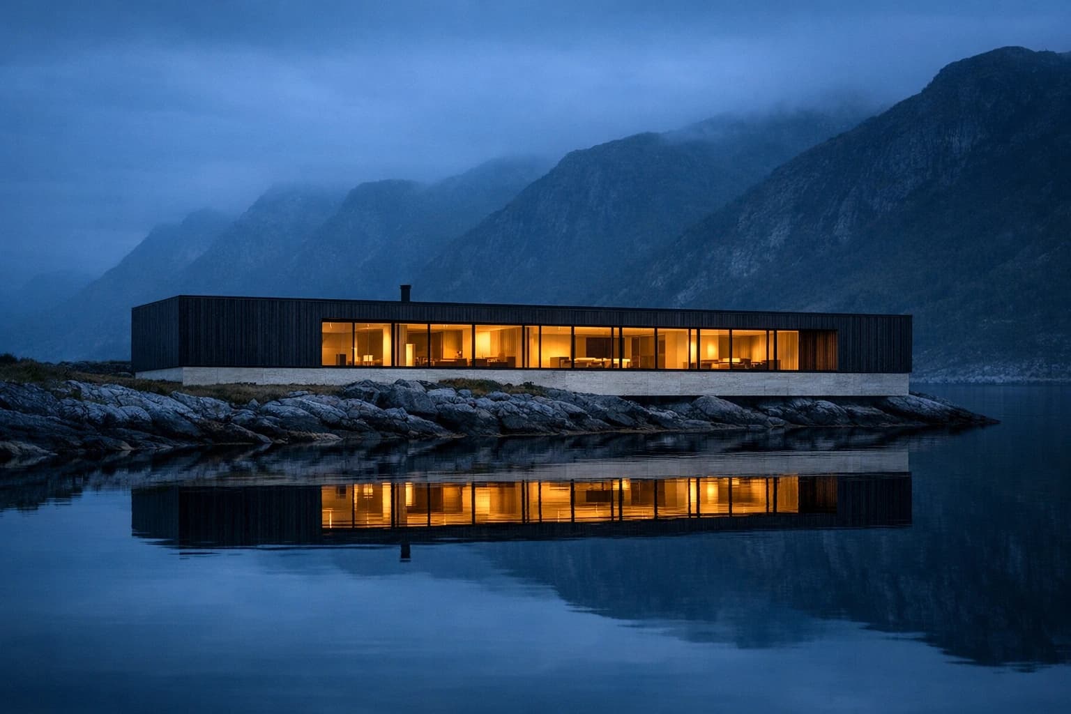Fjordhus I at dusk, low buildings along still harbour water