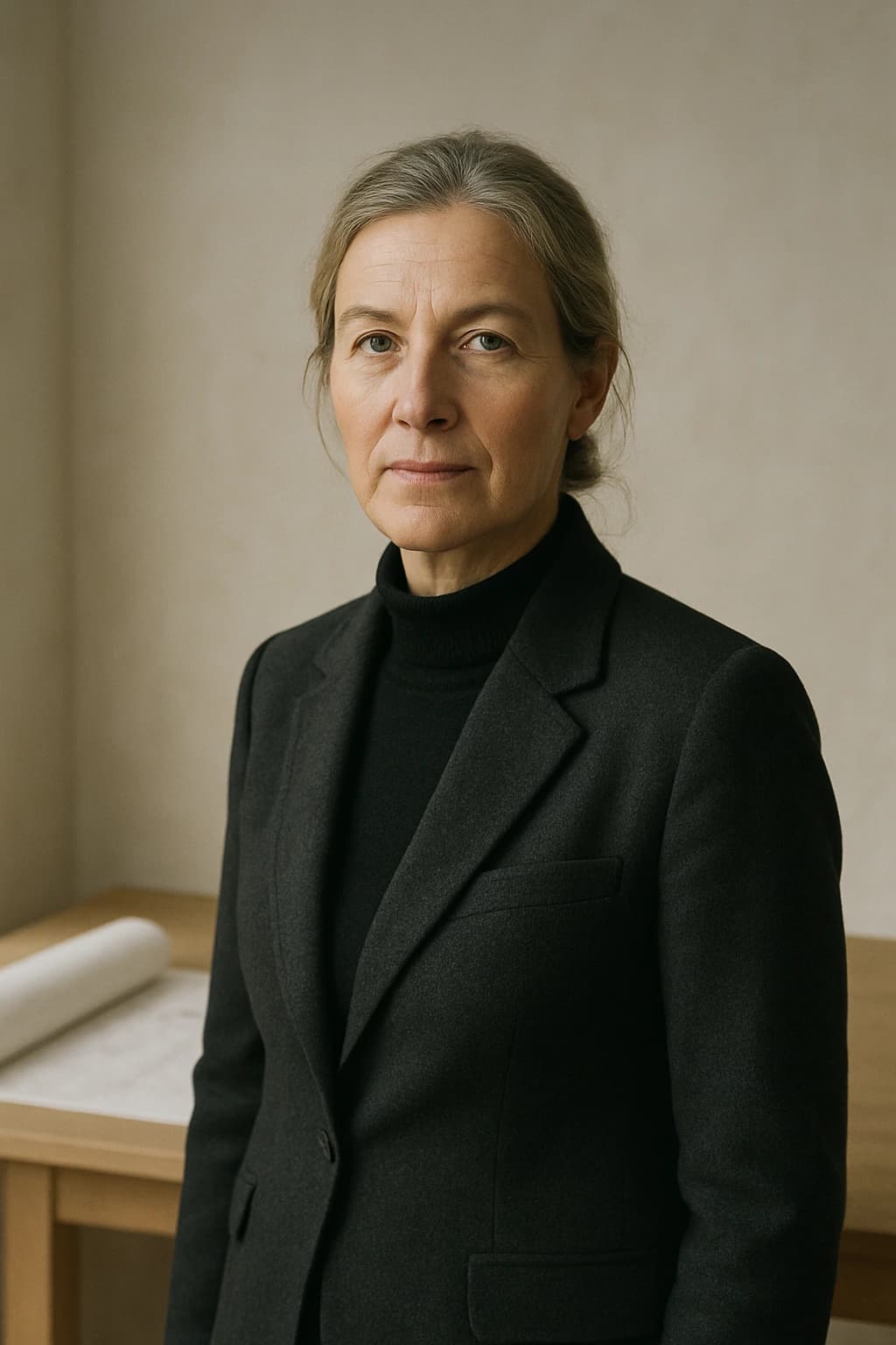 Elin Havstad photographed through rain-marked studio glass
